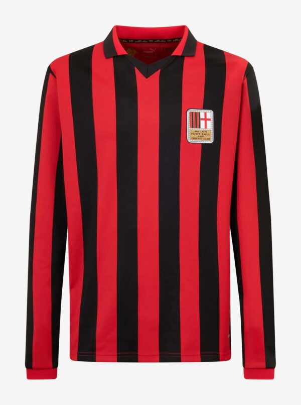 Camisa Milan Home Comemorativa 125 Anos Manga Longa Retrô 2025 Puma Vermelha e Preta - Imagem 15
