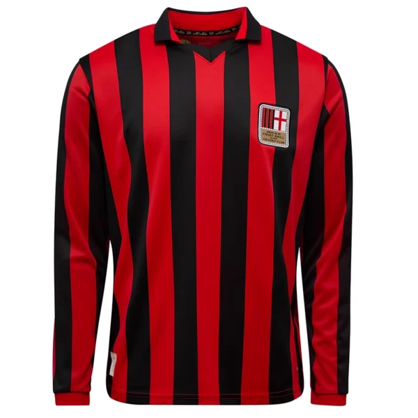 Camisa Milan Home Comemorativa 125 Anos Manga Longa Retrô 2025 Puma Vermelha e Preta - Imagem 14