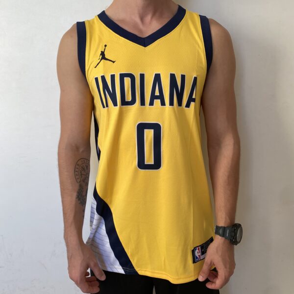 Camiseta Regata Basquete NBA Indiana Pacers 0 Tyrese Haliburton Statement Edition 2025 Amarela Jordan - Imagem 1