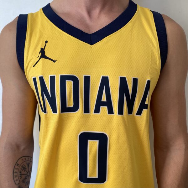 Camiseta Regata Basquete NBA Indiana Pacers 0 Tyrese Haliburton Statement Edition 2025 Amarela Jordan - Imagem 2